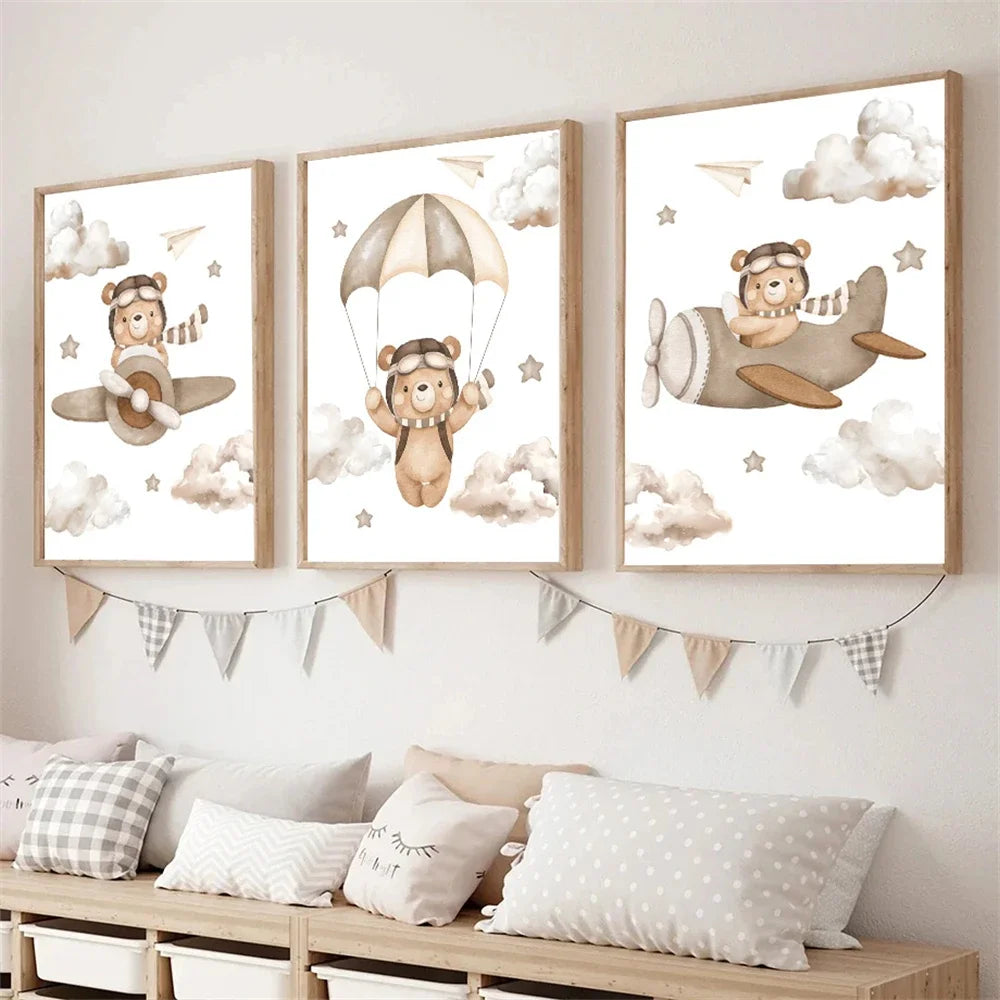 kawaii bear pilot with parachute nordic kids canvas