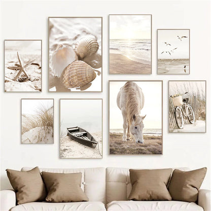 beige coastal collage with starfish shells boat bike and horse