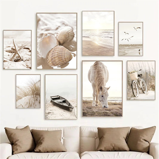 beige coastal collage with starfish shells boat bike and horse