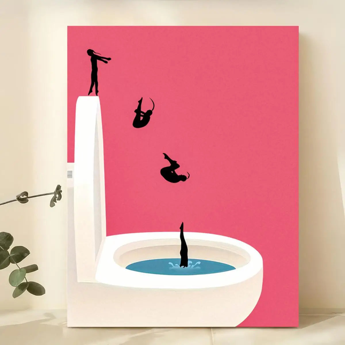 frameless vintage pink bathroom canvas with girls jumping into a toilet