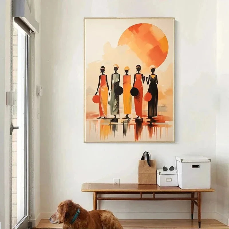 elegant portraits of african women with sun motifs on canvas