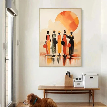 elegant portraits of african women with sun motifs on canvas