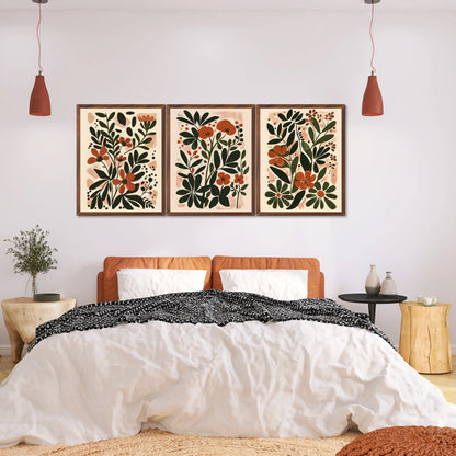 Three-piece boho abstract flower botanical canvas wall art