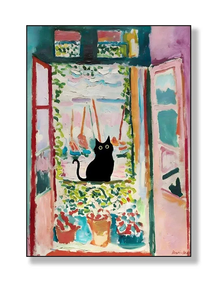 black cat with impressionist water lilies canvas wall art