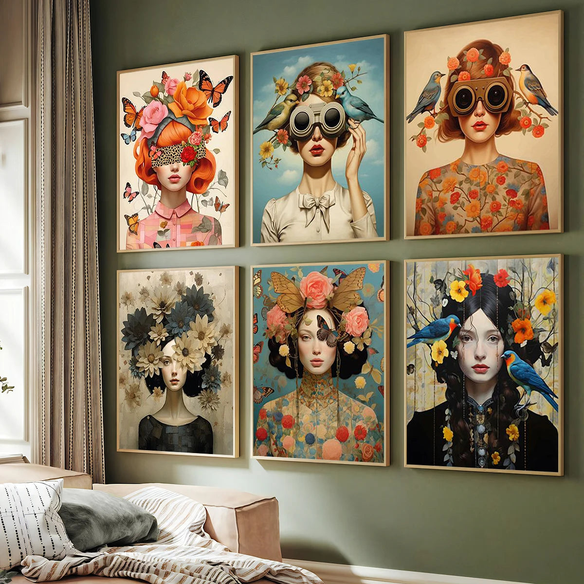 nordic scandinavian portrait woman with glasses flowers and birds canvas