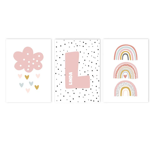 pink rainbow cloud nursery canvas with custom baby name