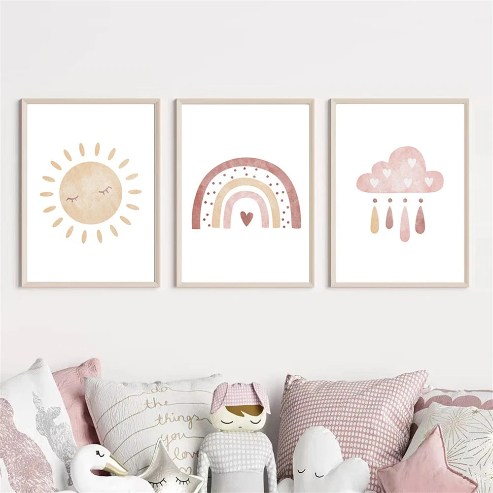 sun cloud heart rainbow boho Nordic kids canvas wall art