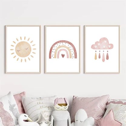 sun cloud heart rainbow boho Nordic kids canvas wall art