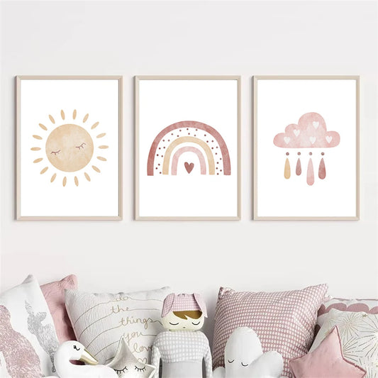 sun cloud heart rainbow boho Nordic kids canvas wall art