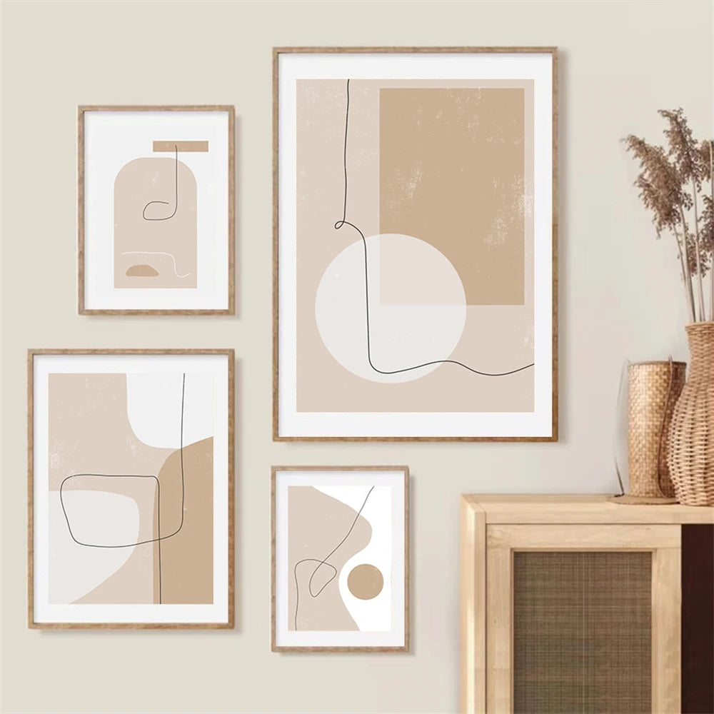 beige boho geometric line art canvas wall art
