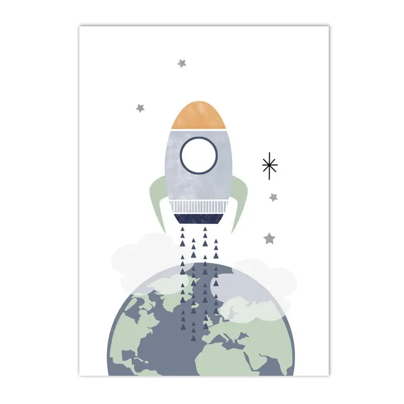 earth with spaceship, moon, stars and rainbow kids canvas wall art