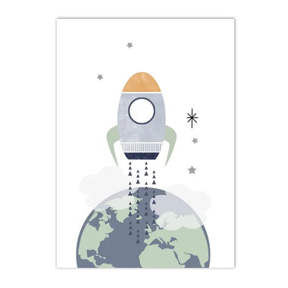 earth with spaceship, moon, stars and rainbow kids canvas wall art