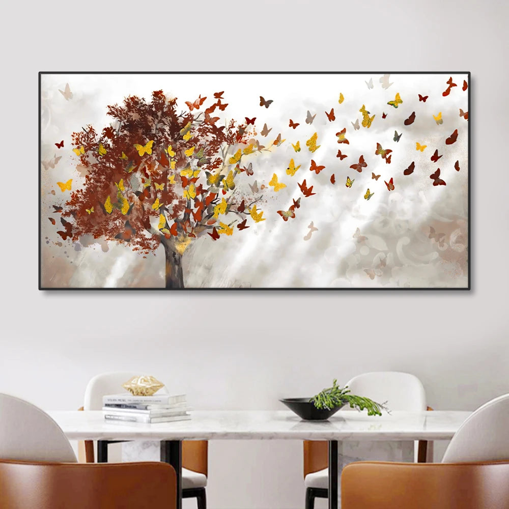 Abstract blue trees with butterfly Nordic canvas wall art