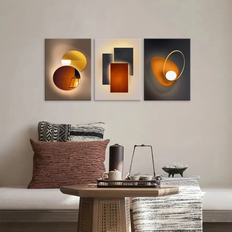 three piece orange geometric metal circle minimalist canvas set