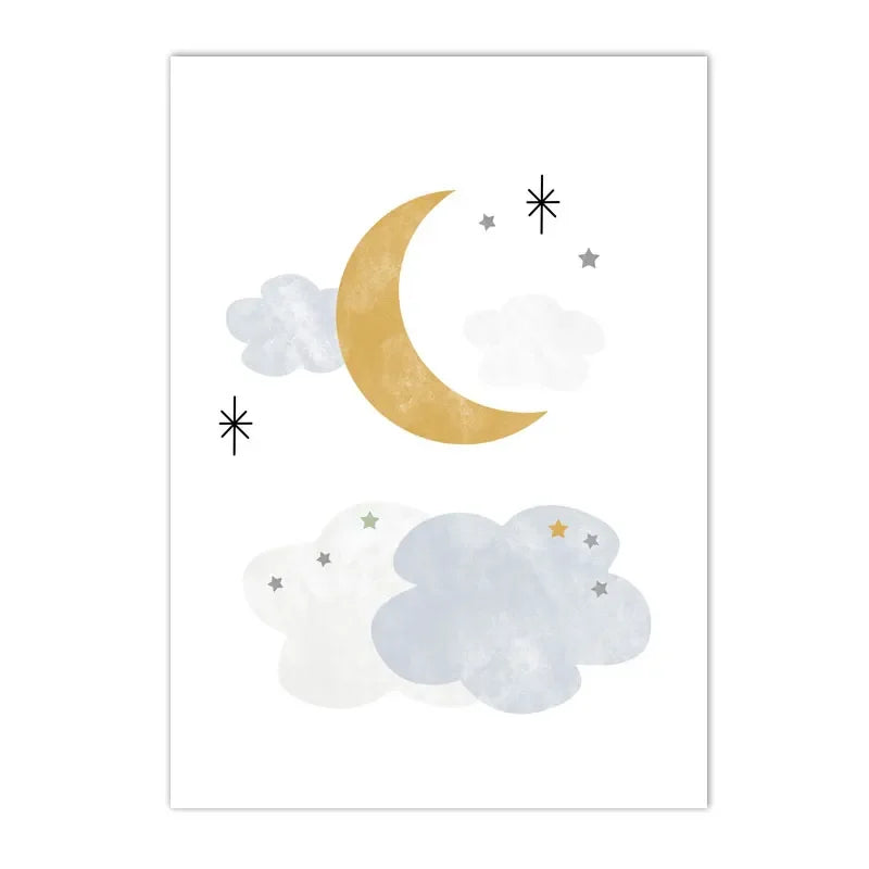 earth with spaceship, moon, stars and rainbow kids canvas wall art