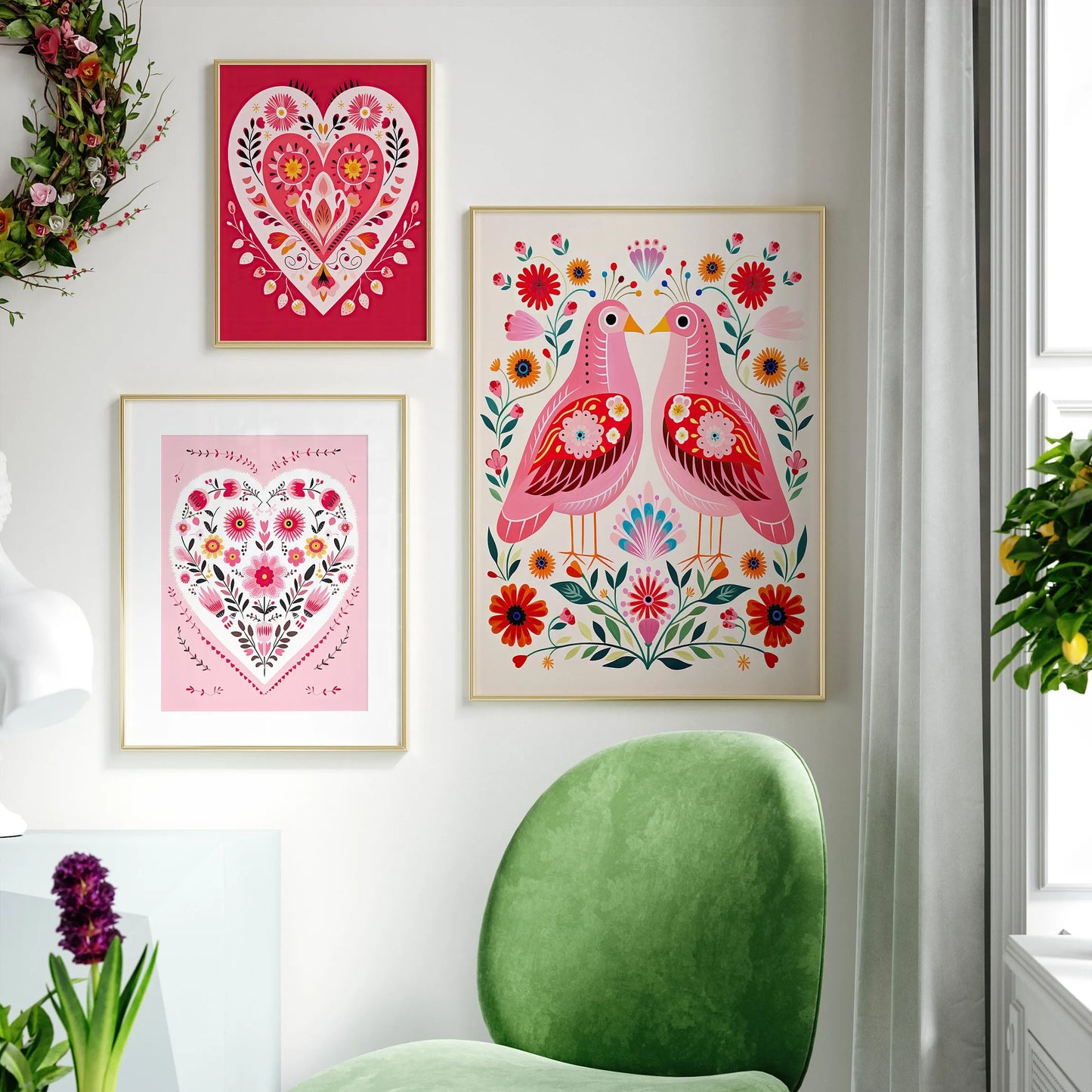 Three-piece folk-art hearts and birds Valentine canvas