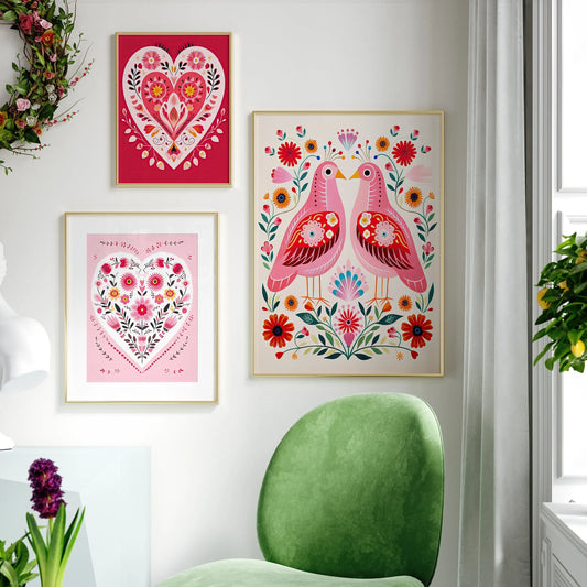 Three-piece folk-art hearts and birds Valentine canvas