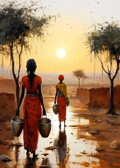 elegant portraits of african women with sun motifs on canvas