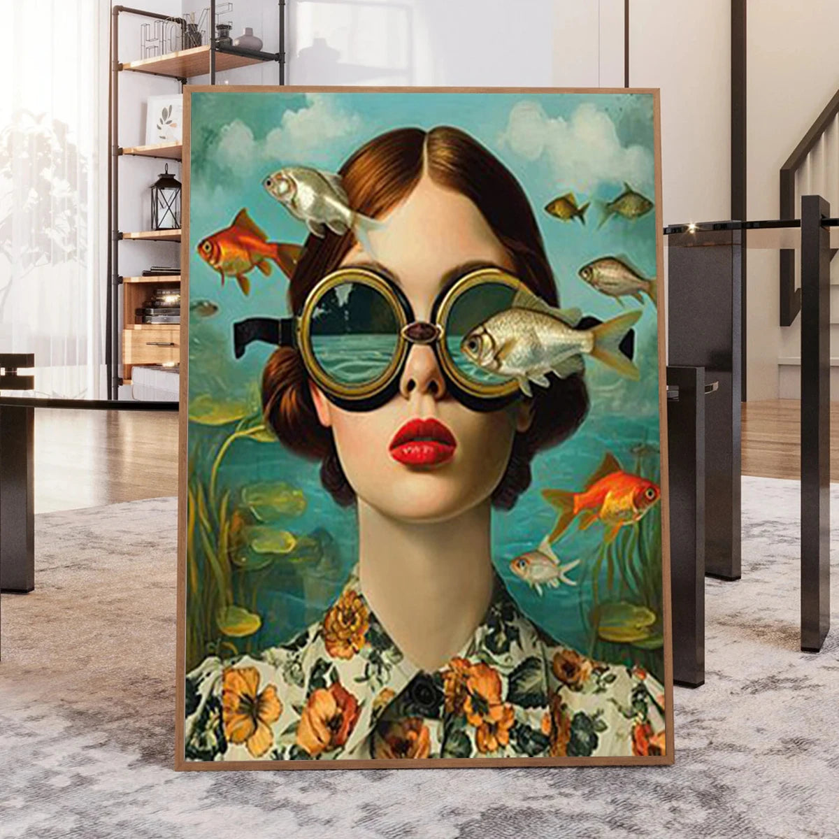 whimsical illustration of a girl wearing glasses standing in water on canvas