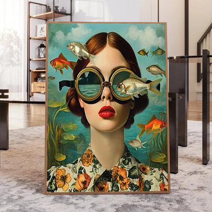 whimsical illustration of a girl wearing glasses standing in water on canvas