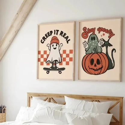 Vintage ghost and pumpkin Halloween “Creep It Real” canvas wall art