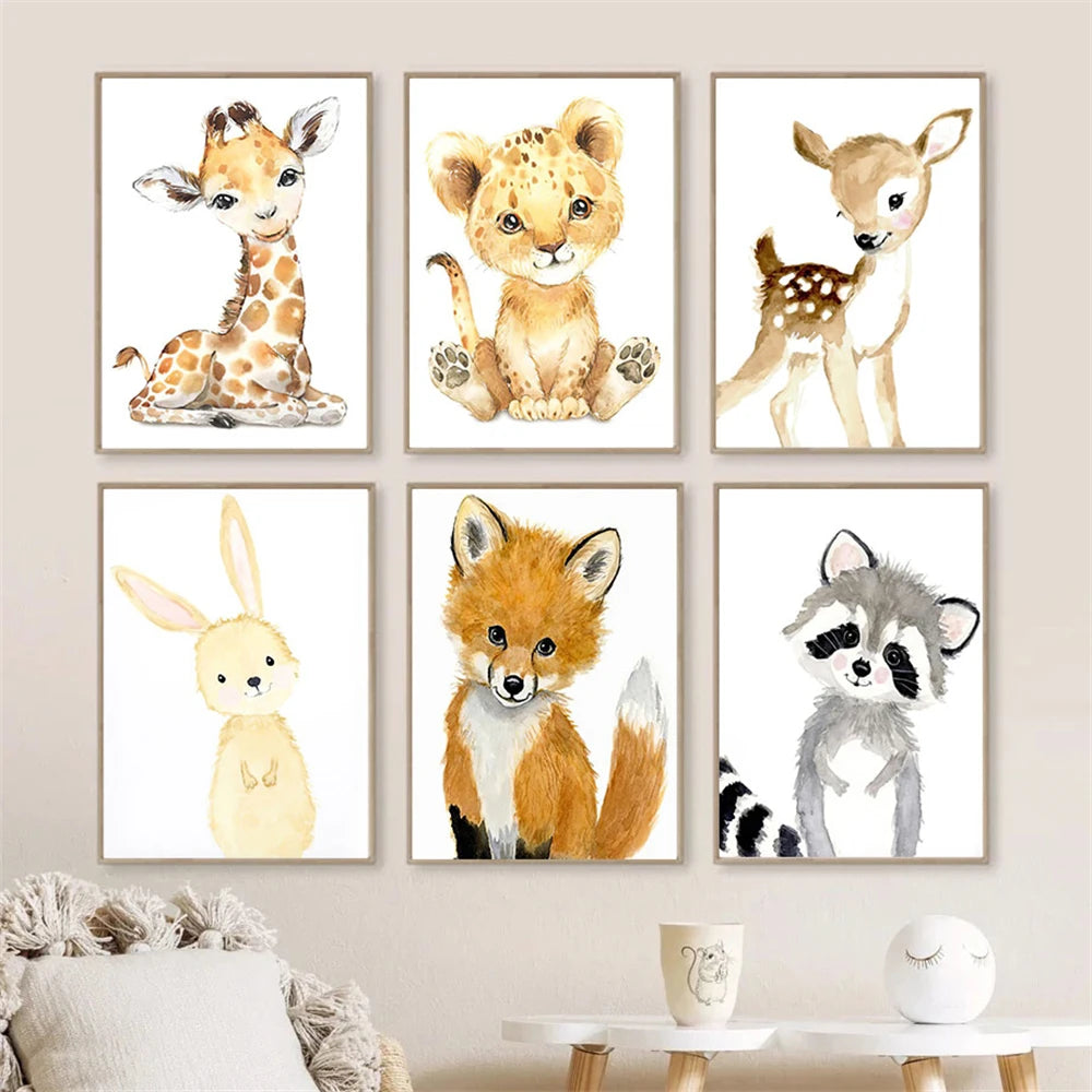 nordic baby animals lion elephant fox deer on nursery canvas
