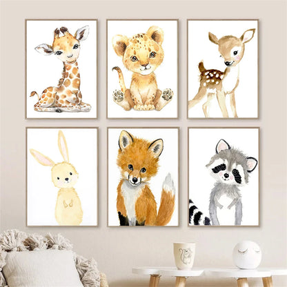 nordic baby animals lion elephant fox deer on nursery canvas