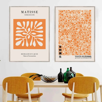 orange abstract canvas with Matisse cutouts and Kusama dots