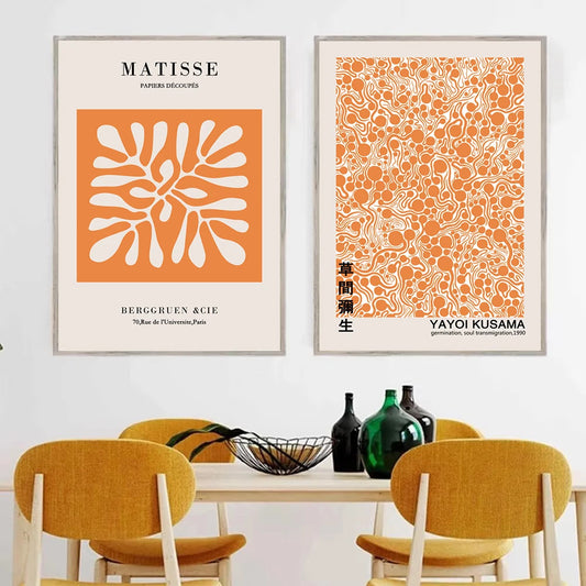 orange abstract canvas with Matisse cutouts and Kusama dots