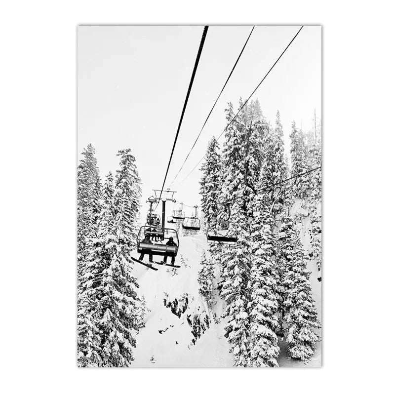 black and white winter ski scene with dog deer and snowy forest on canvas
