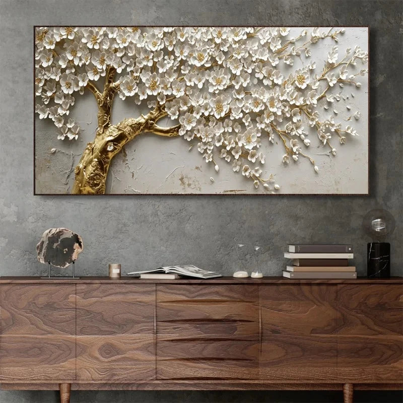 unframed abstract flowering tree canvas in gold and white