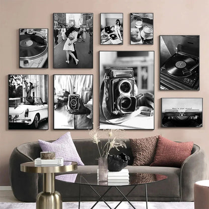 black and white vintage canvas with record camera and typewriter