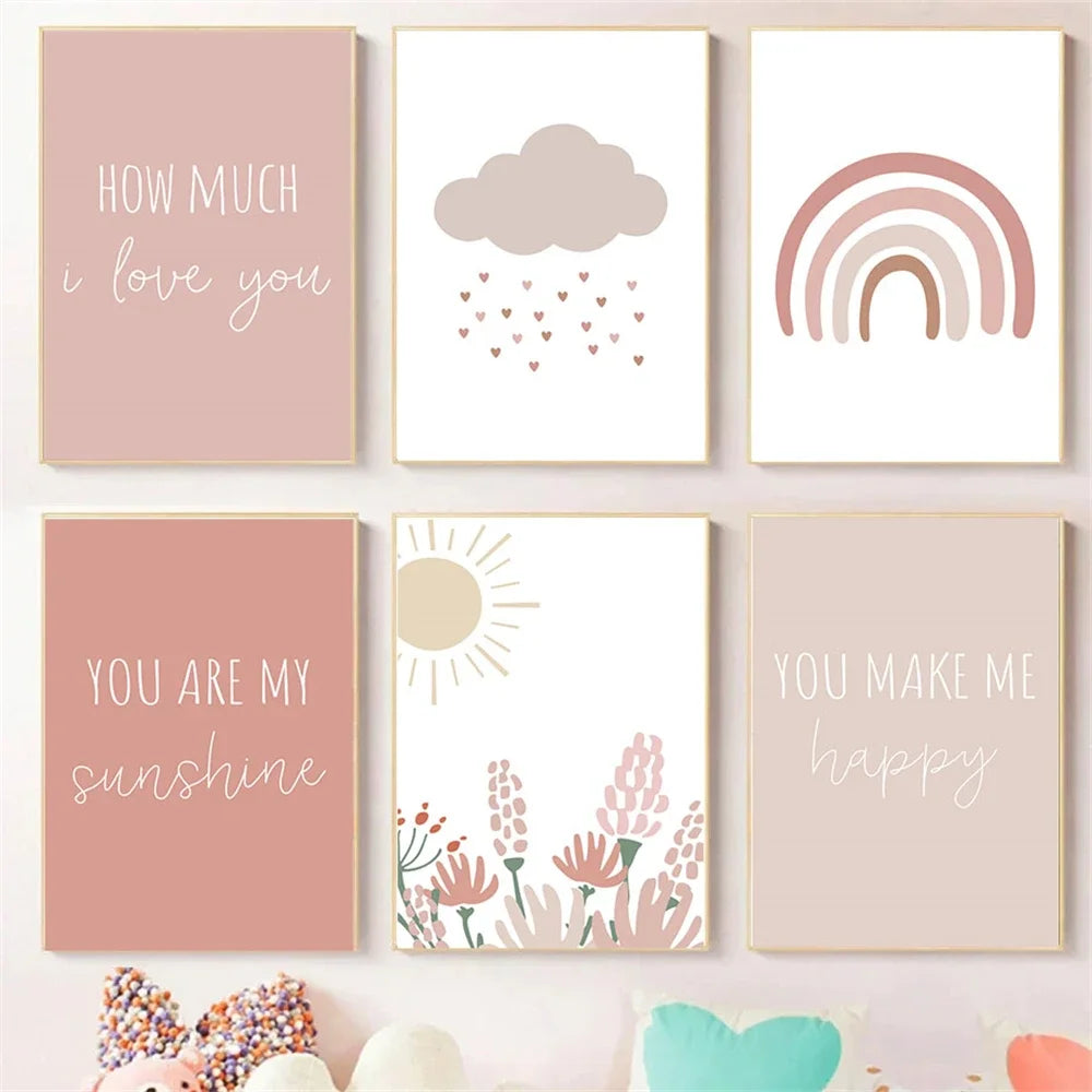 Nordic kids canvas with rainbow, sun, clouds and pink flowers