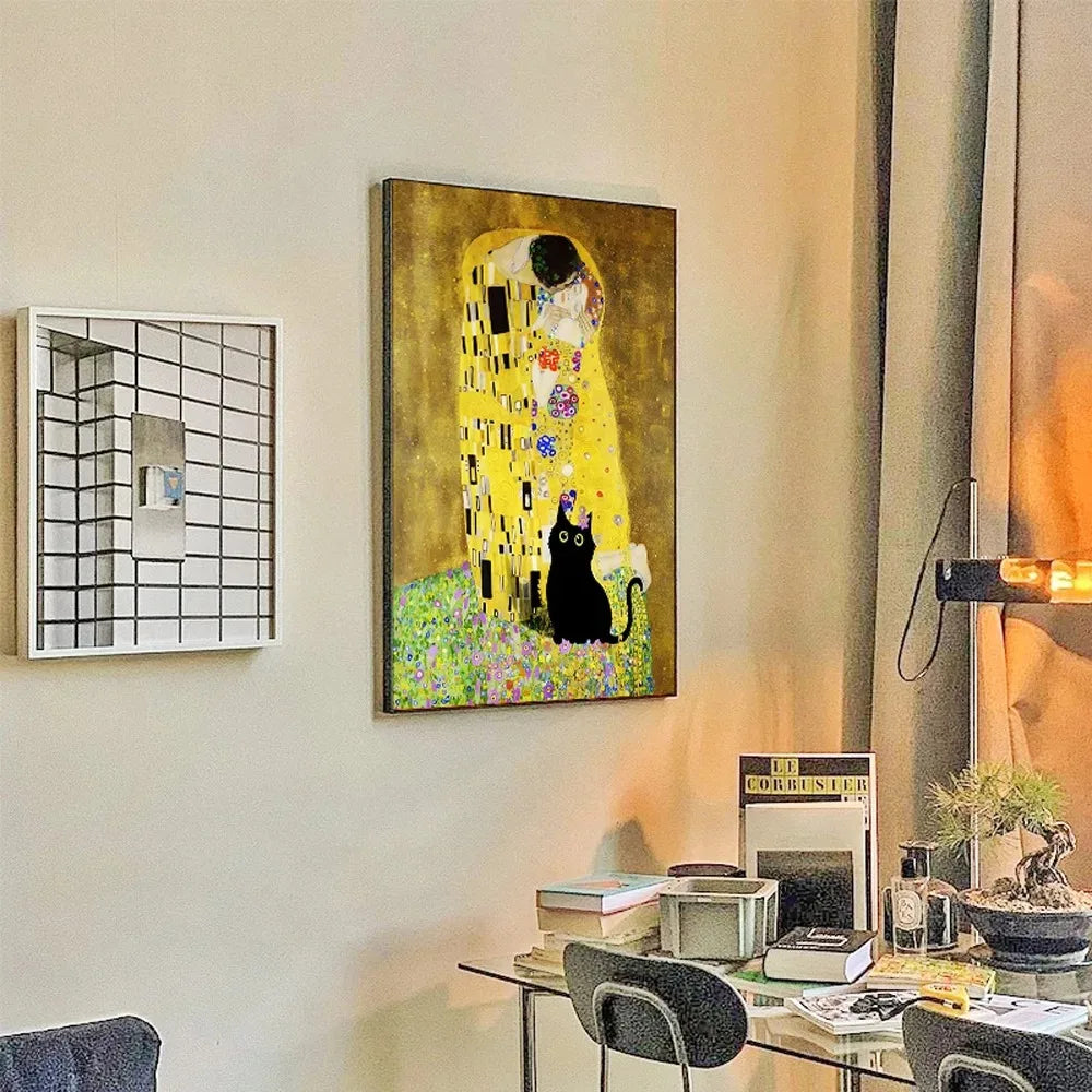 black cat with impressionist water lilies canvas wall art