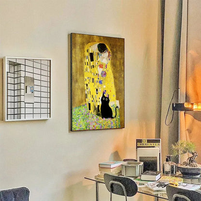 black cat with impressionist water lilies canvas wall art