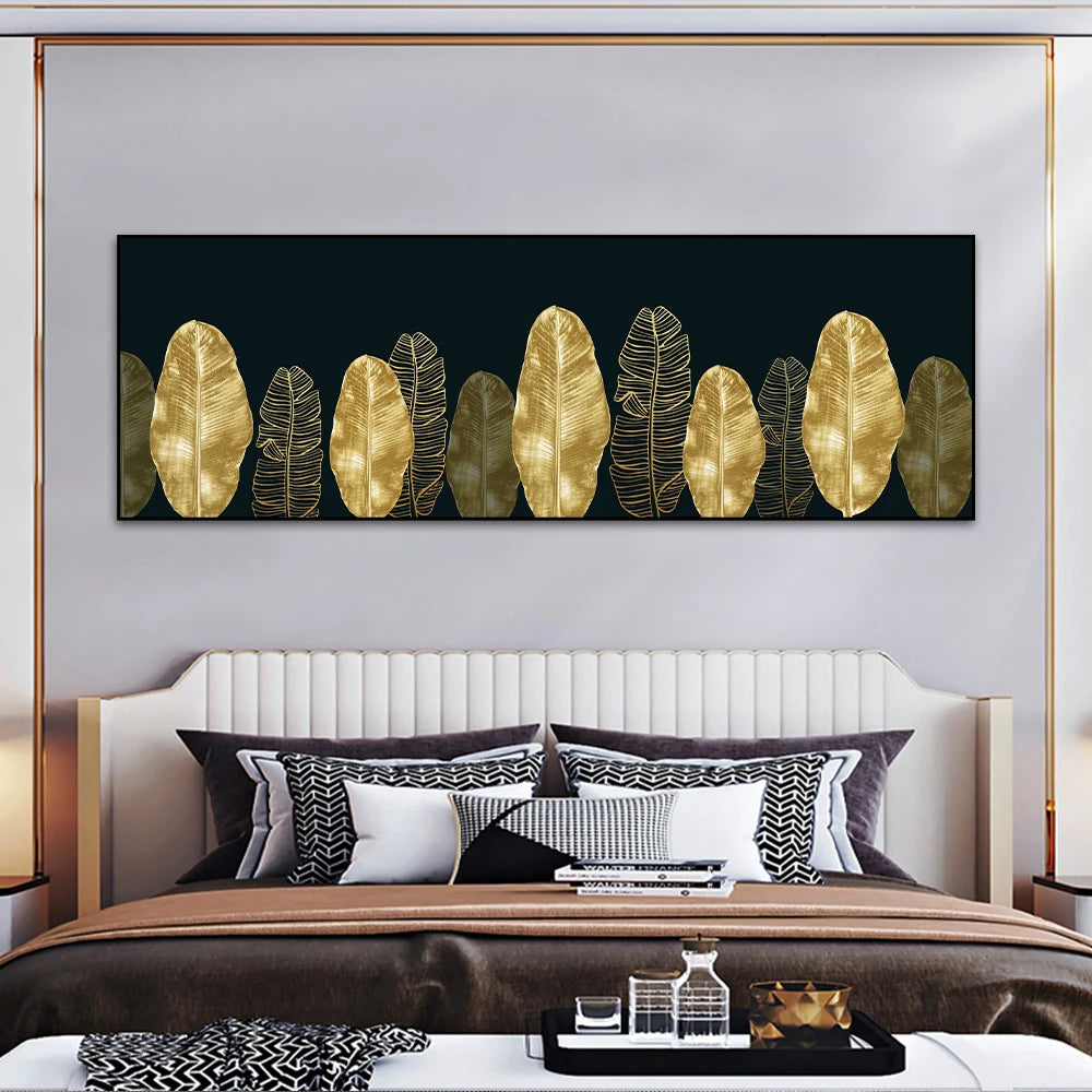 Black and gold monstera and ginkgo leaves botanical canvas wall art