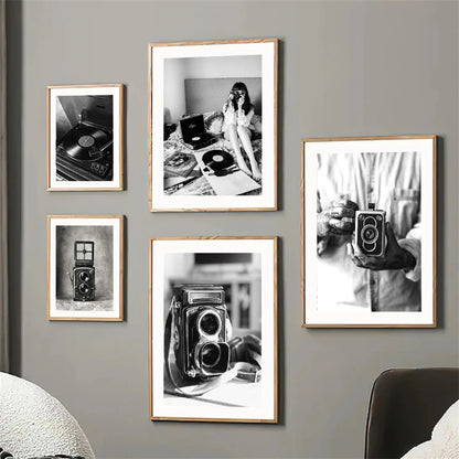 black and white vintage canvas with record camera and typewriter