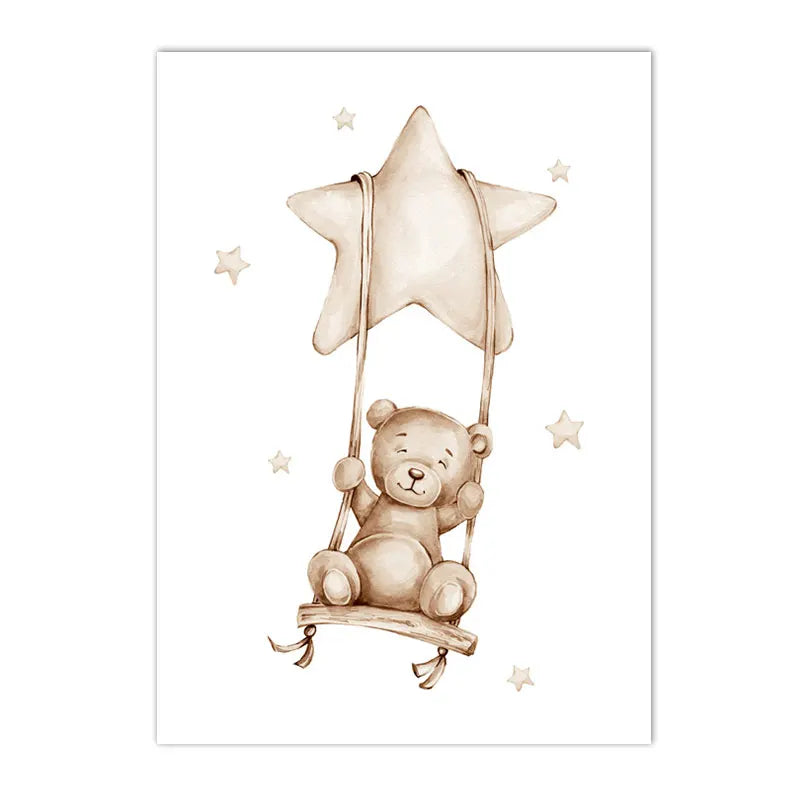 Nordic kids canvas with moon, stars, rabbit and bear