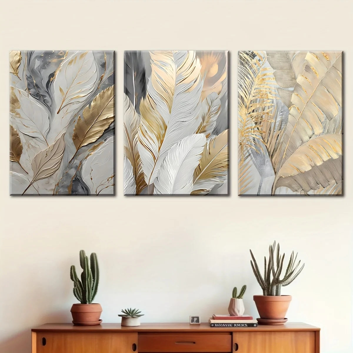 Golden Plant Leaves Canvas - Set Of 3