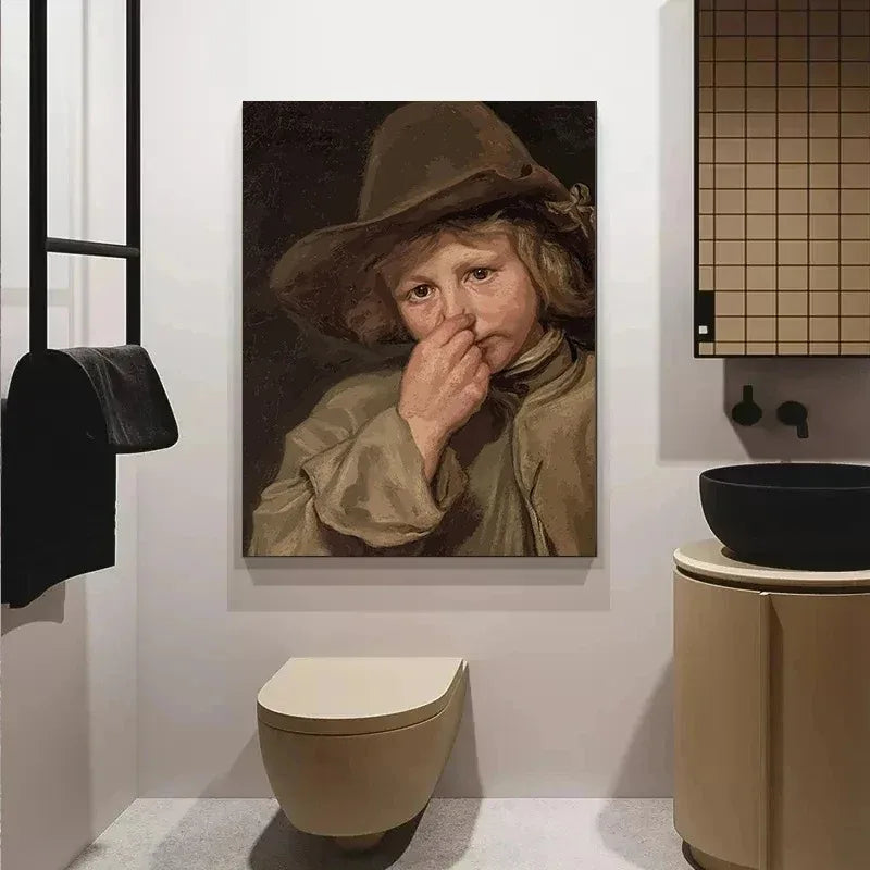 funny bathroom canvas with Mona Lisa and Girl with a Pearl Earring toilet-paper gag