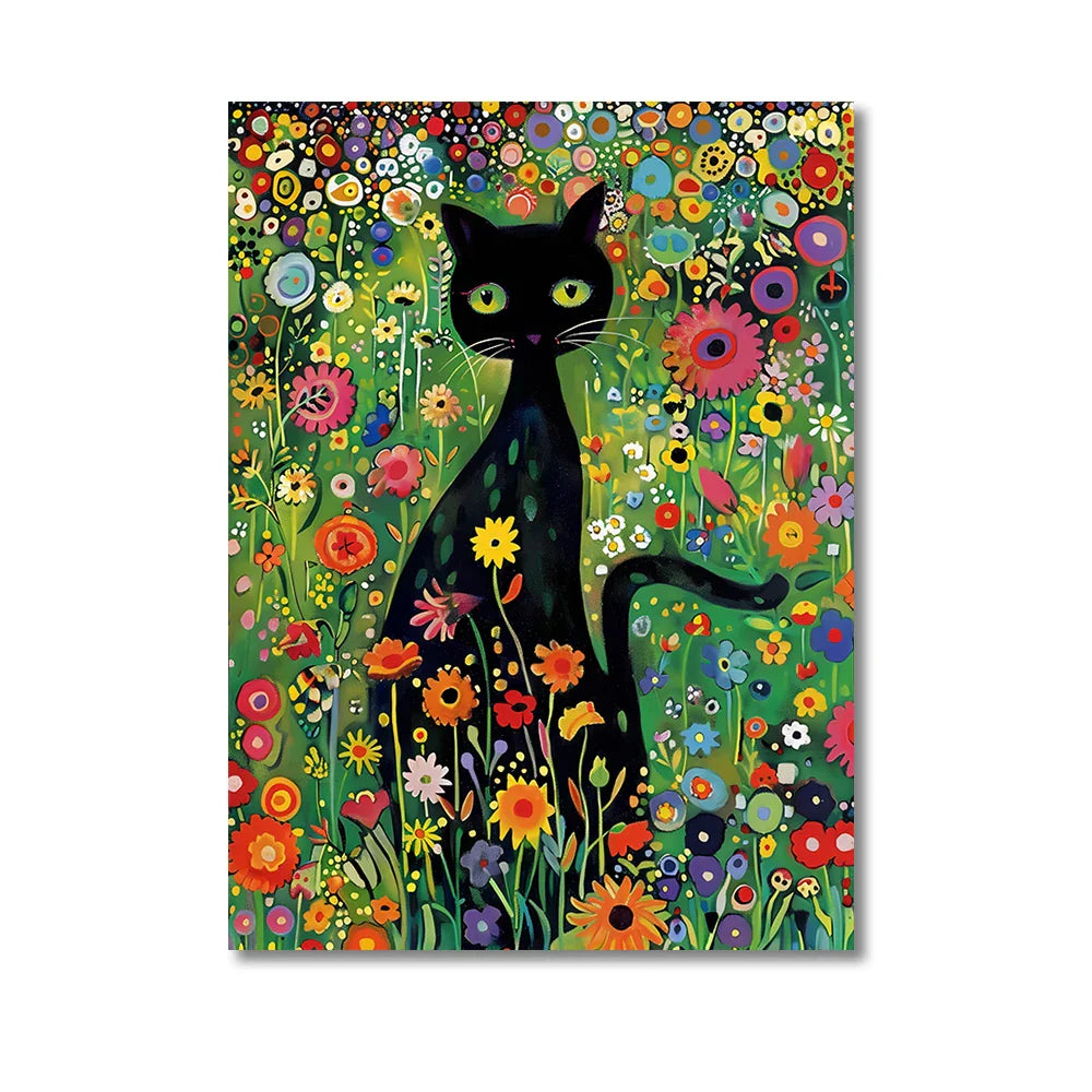 Black Cat in Flowers Canvas Print