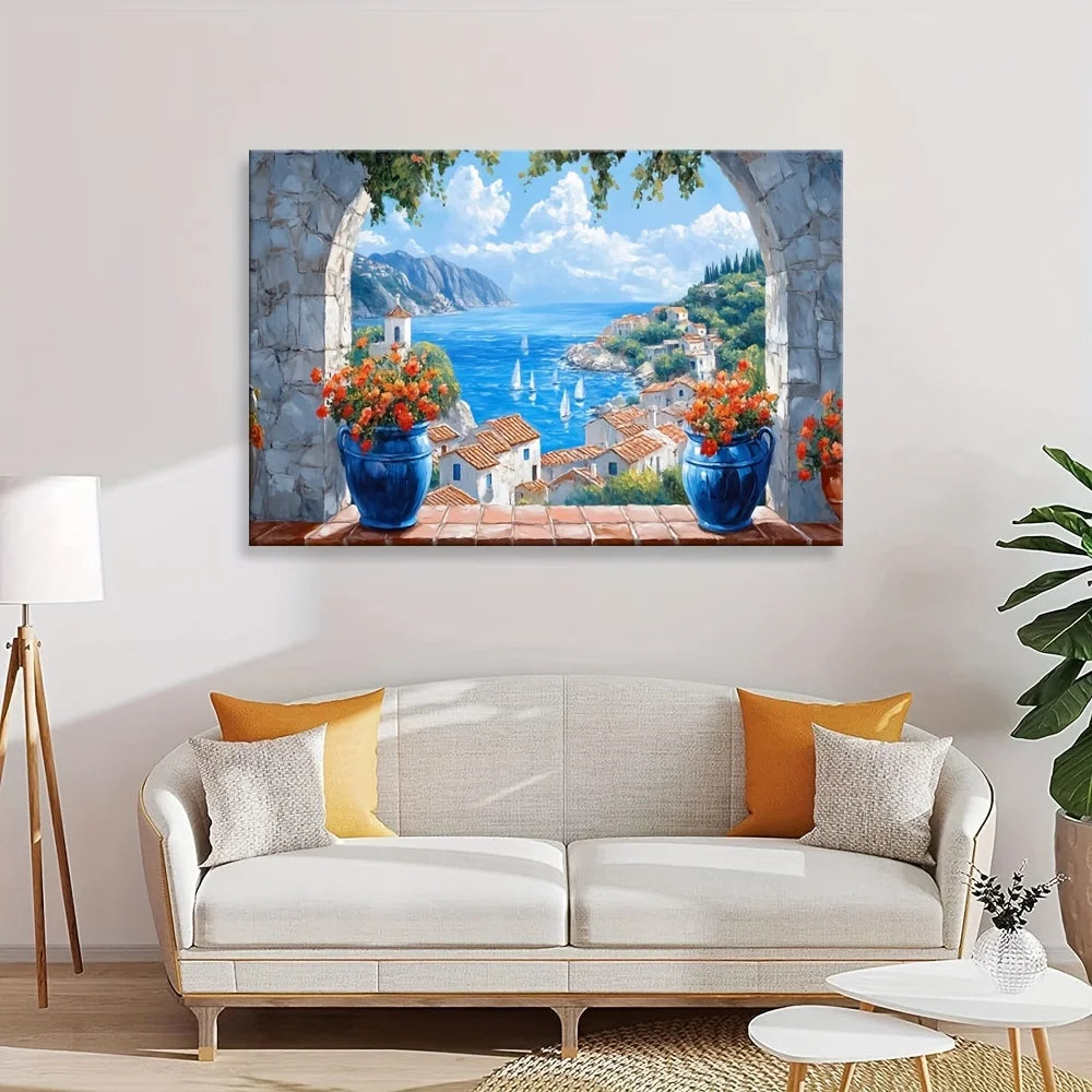 large frameless blue abstract modern canvas wall art