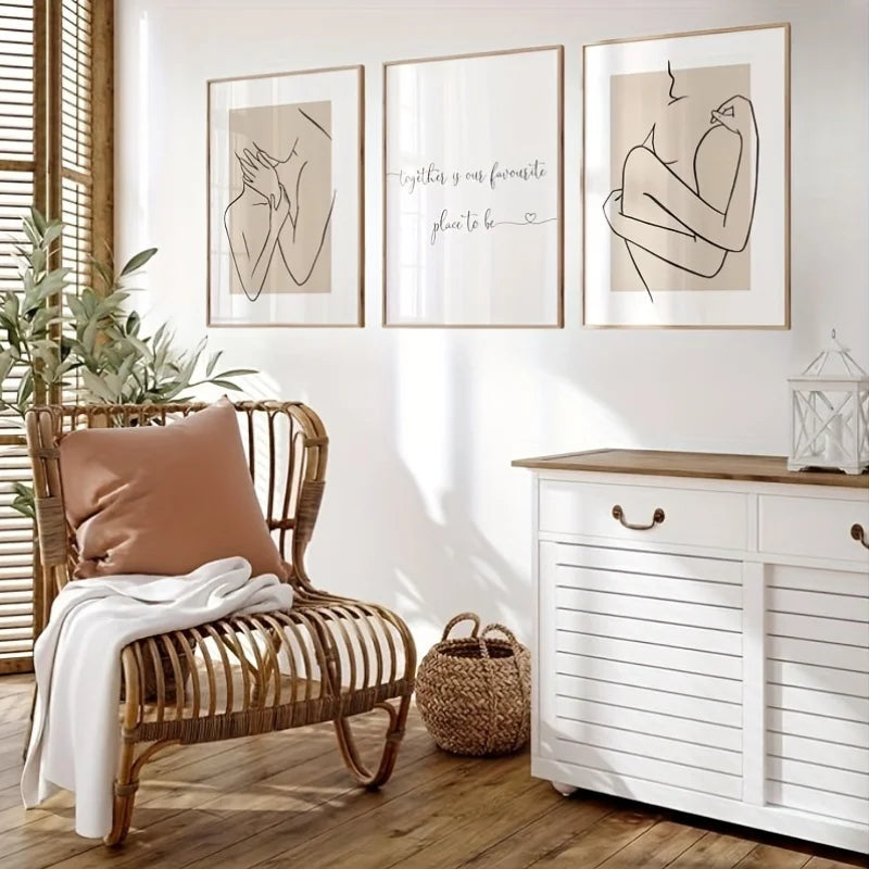 three piece beige one line couple romantic quote canvas set