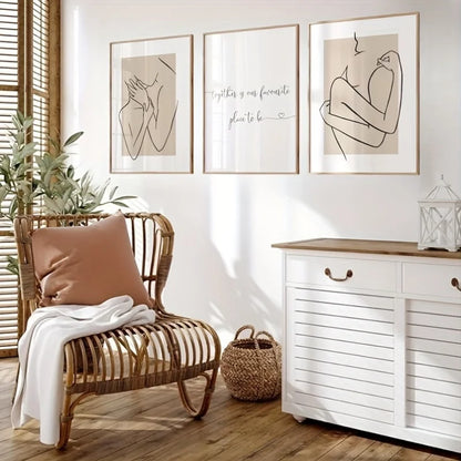 three piece beige one line couple romantic quote canvas set