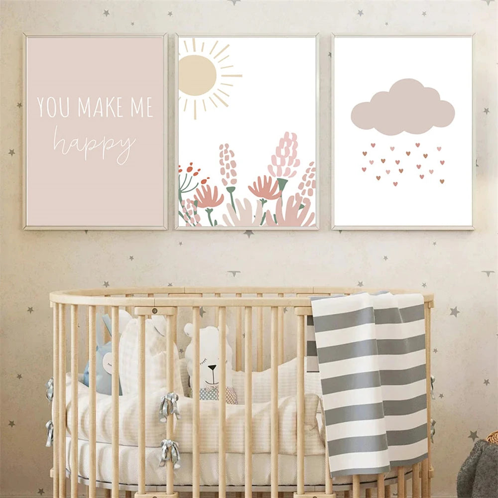 Nordic kids canvas with rainbow, sun, clouds and pink flowers