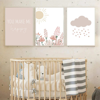 Nordic kids canvas with rainbow, sun, clouds and pink flowers