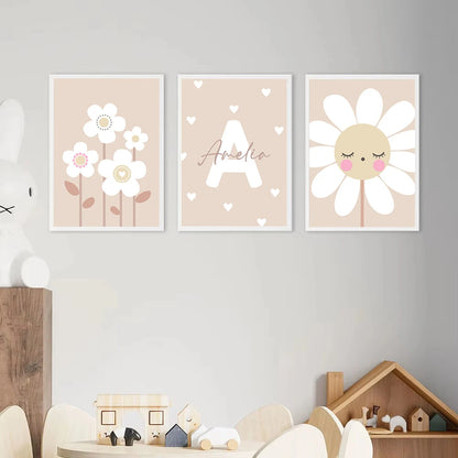 beige cartoon sunflower nursery canvas with custom name