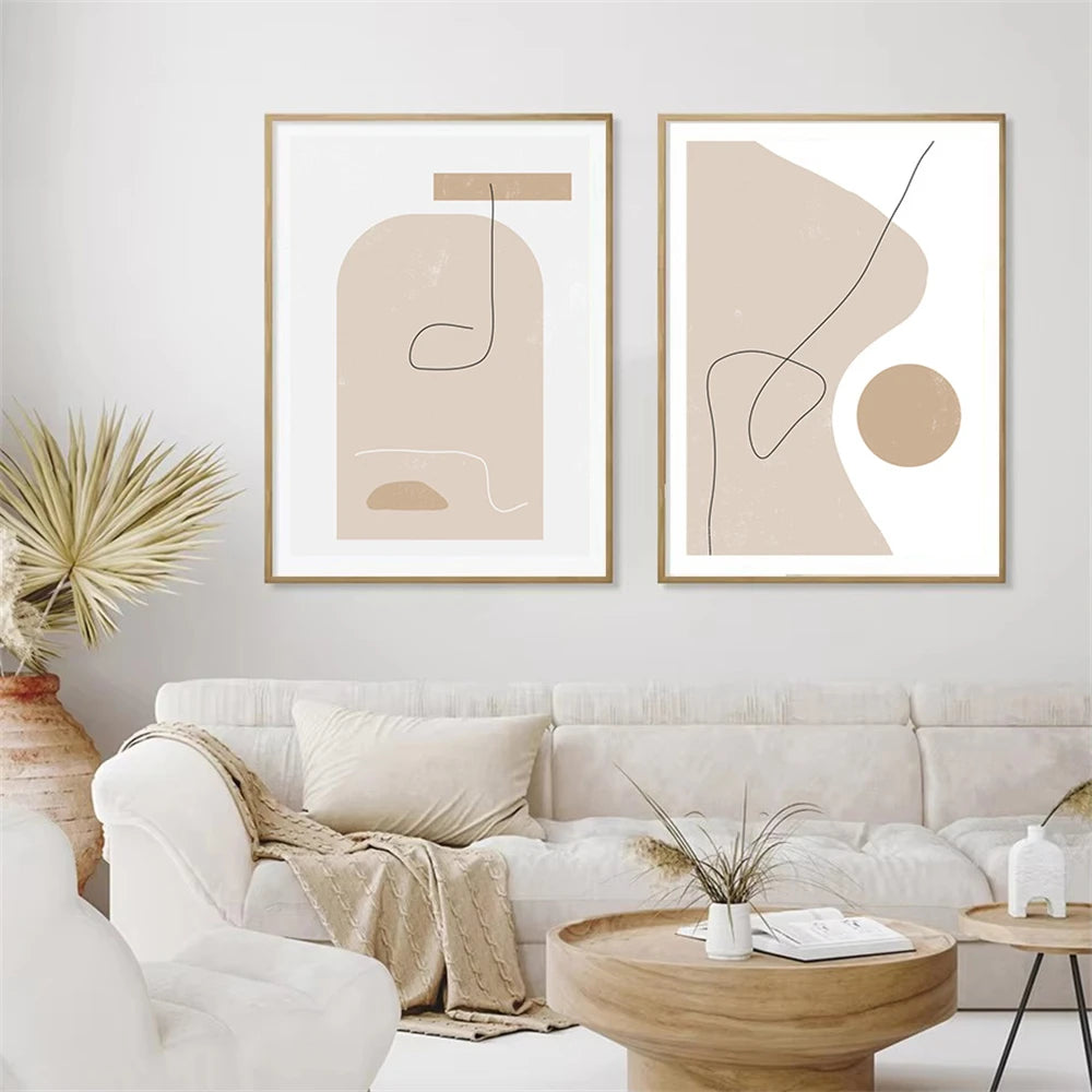 beige boho geometric line art canvas wall art