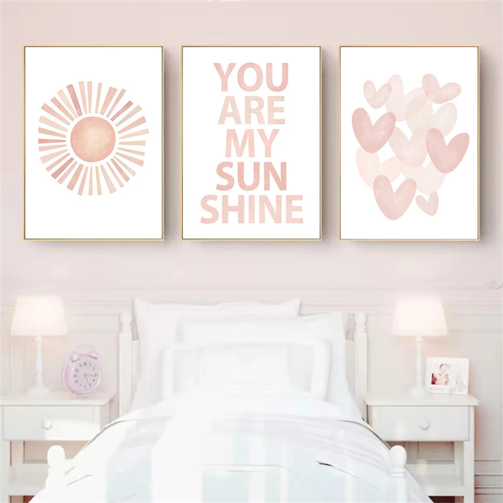 pink “you are my sunshine” with hearts and sun kids canvas wall art