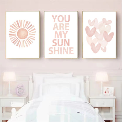 pink “you are my sunshine” with hearts and sun kids canvas wall art